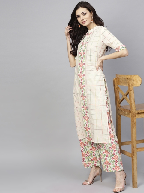 

AKS Women Off-White & Pink Checked Kurta with Palazzos