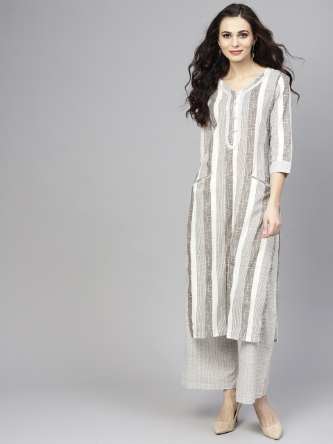 

AKS Women White & Grey Striped Kurta with Palazzos