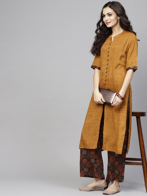 

AKS Women Mustard Brown & Coffee Brown Solid Kurta with Palazzos