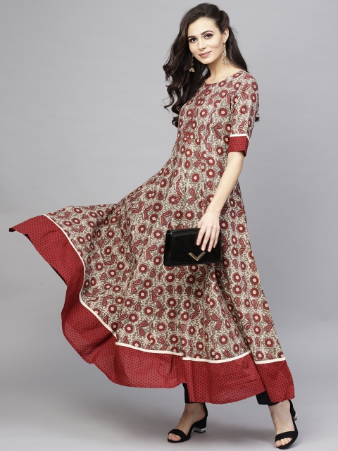 

AKS Women Maroon & Charcoal Grey Printed Anarkali Kurta