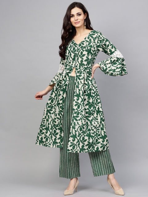 

AKS Women Green & White Printed Kurta with Palazzos