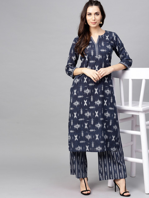 

AKS Women Navy Blue & White Printed Kurta with Palazzos