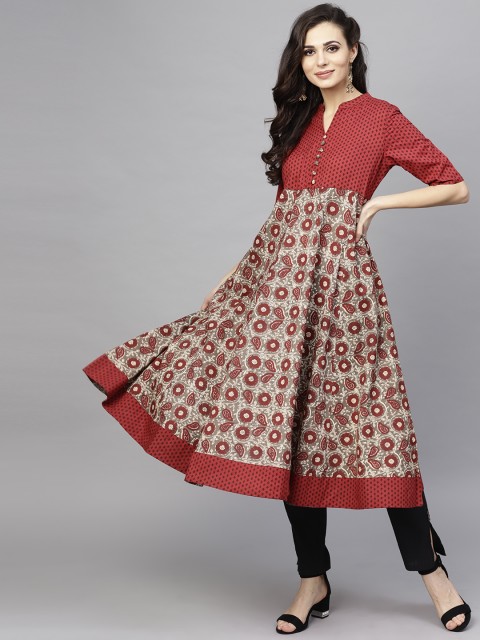 

AKS Women Maroon & Charcoal Grey Printed Anarkali Kurta
