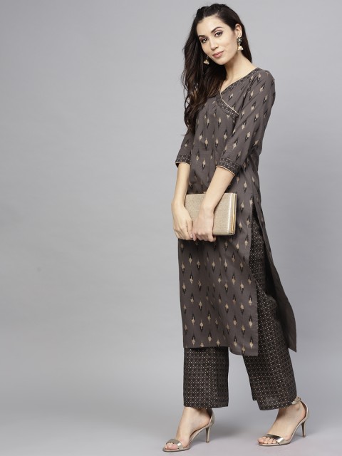 

AKS Women Charcoal & Gold-Toned Printed Kurta with Trousers