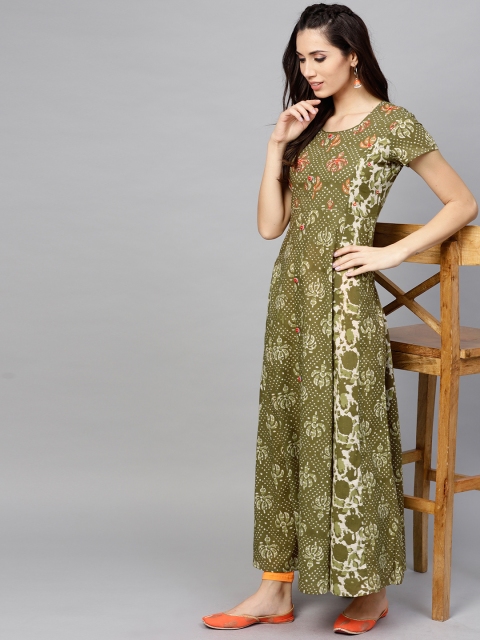 

AKS Women Olive Green & White Printed A-Line Kurta
