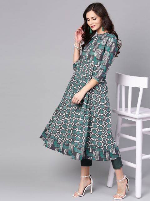 

AKS Women Grey & Green Printed A-Line Kurta