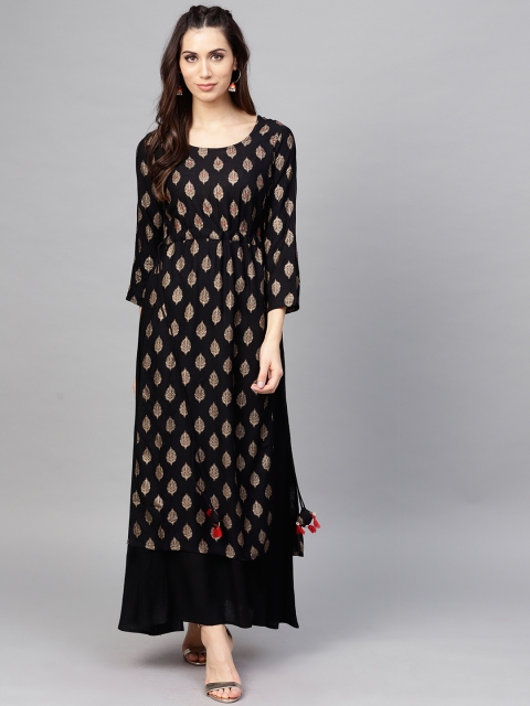 

AKS Women Black & Golden Printed Layered A-Line Kurta