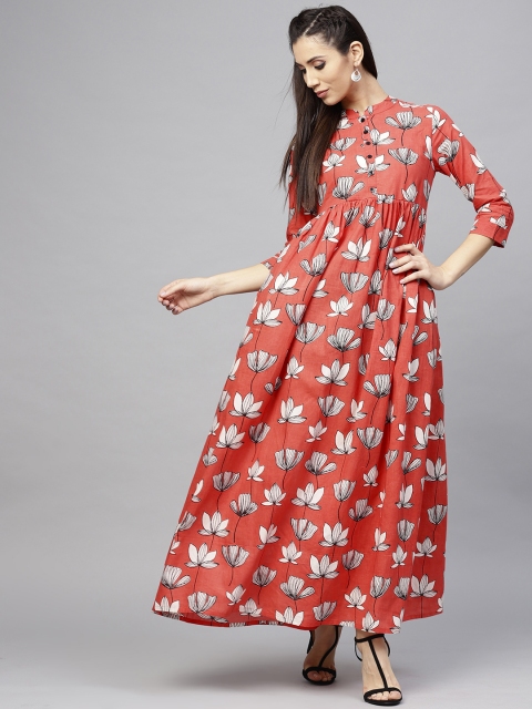 

AKS Women Coral Orange & Off-White Printed Maxi Dress