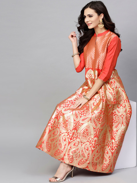 

AKS Women Orange & Golden Self Design Maxi Dress