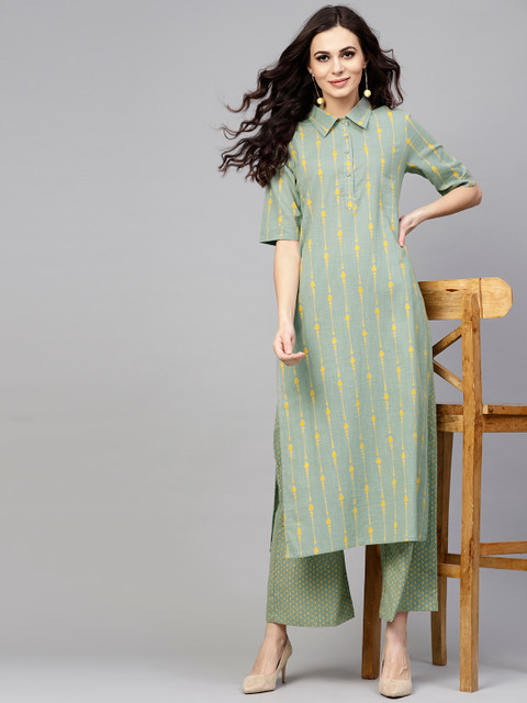 

AKS Women Green & Yellow Printed Kurta with Palazzos