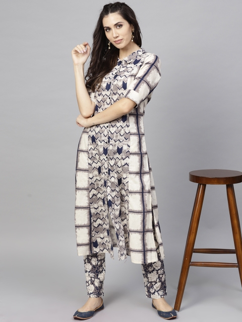

AKS Women Grey & Off-White Printed Kurta with Trousers