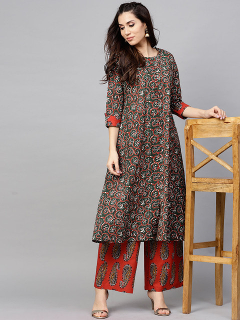 

AKS Women Green & Rust Orange Printed Kurta with Palazzos