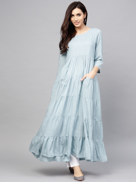 

AKS Women Blue Solid A-Line Tiered Kurta