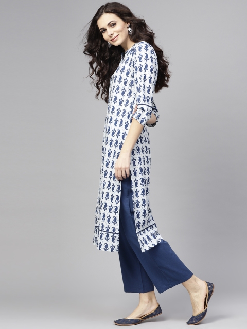 

AKS Women White & Navy Blue Printed Kurta with Palazzos