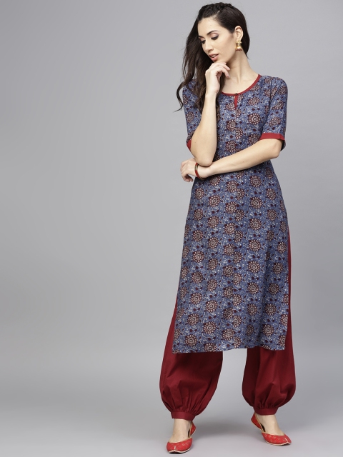 

AKS Women Blue & Maroon Printed Straight Kurta