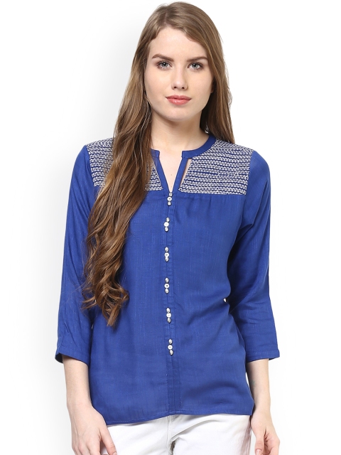 

Fusion Beats Women Navy Blue Printed Shirt Style Top