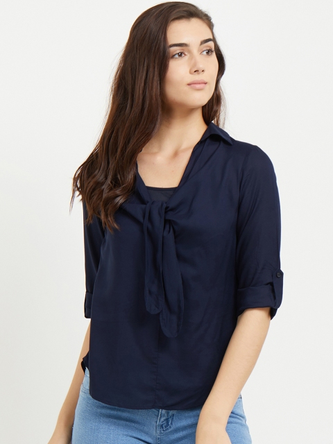 

109F Women Navy Blue Solid Shirt Style Top