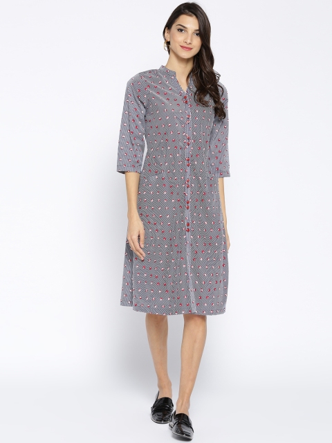 

Ayaany Women White & Navy Blue Striped A-Line Dress