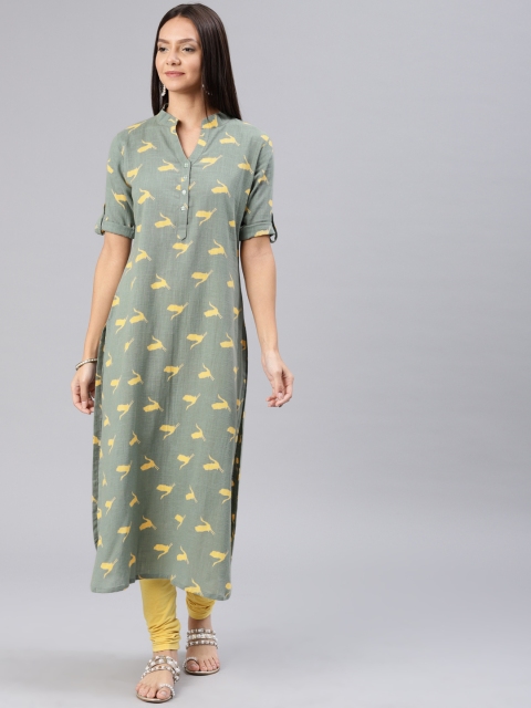 

Vaamsi Women Olive Green Printed Straight Kurta