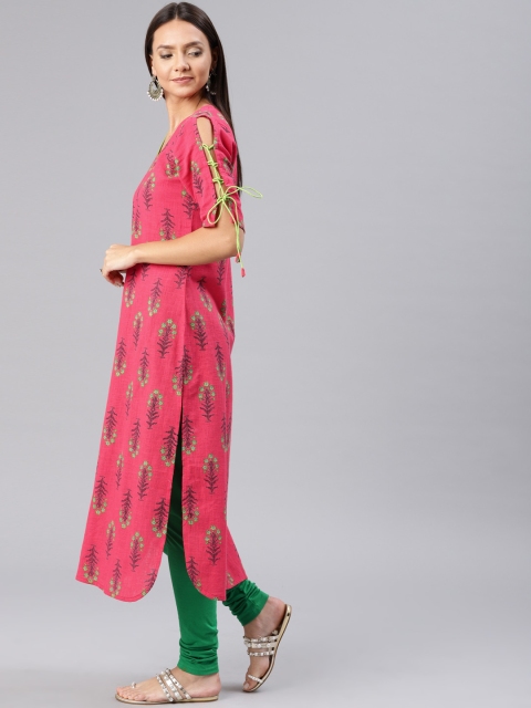 

AHIKA Women Pink & Green Printed Straight Kurta