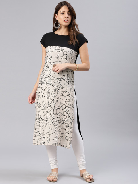 

Vaamsi Women Beige & Black Digital Print Straight Kurta