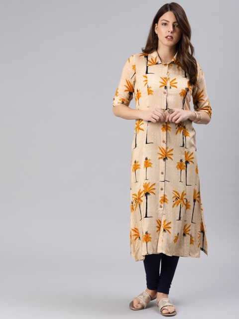 

Vaamsi Women Beige & Yellow Printed A-Line Kurta