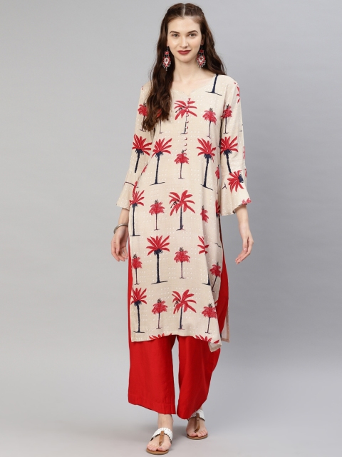

Vaamsi Women Beige & Red Printed Straight Kurta