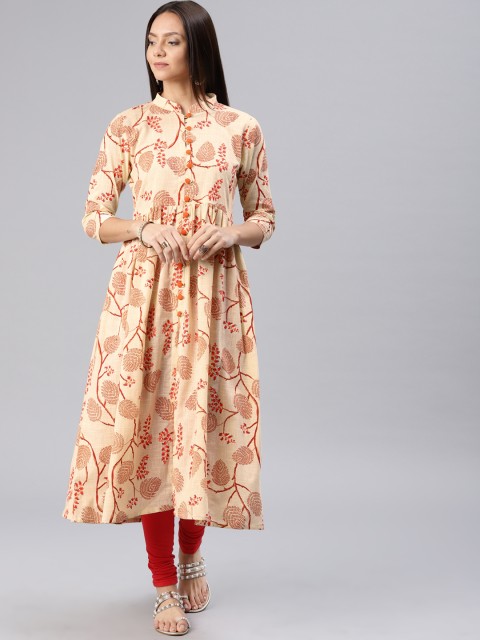 

AHIKA Women Cream-Coloured & Orange Printed A-Line Kurta