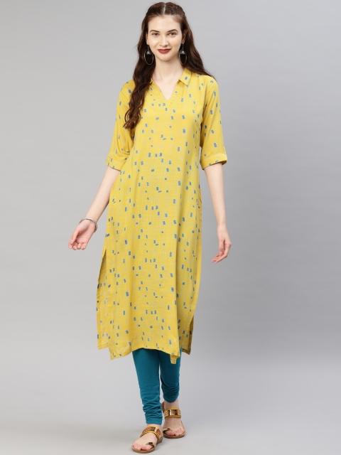 

Vaamsi Women Mustard Yellow Printed Straight Kurta