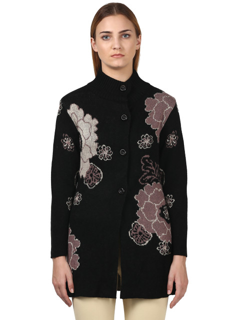 

Park Avenue Women Black & Dusty Pink Self Design Cardigan