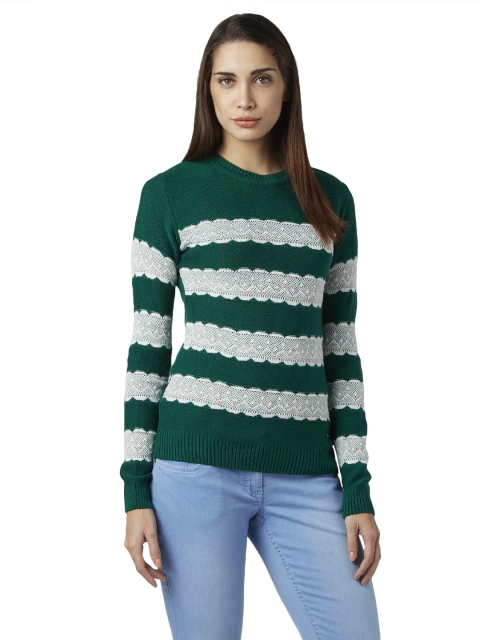 

Park Avenue Women Green & White Self-Striped Pullover