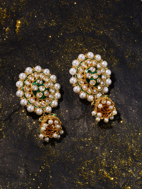 

Studio Voylla White & Green Gold-Plated Circular Jhumkas