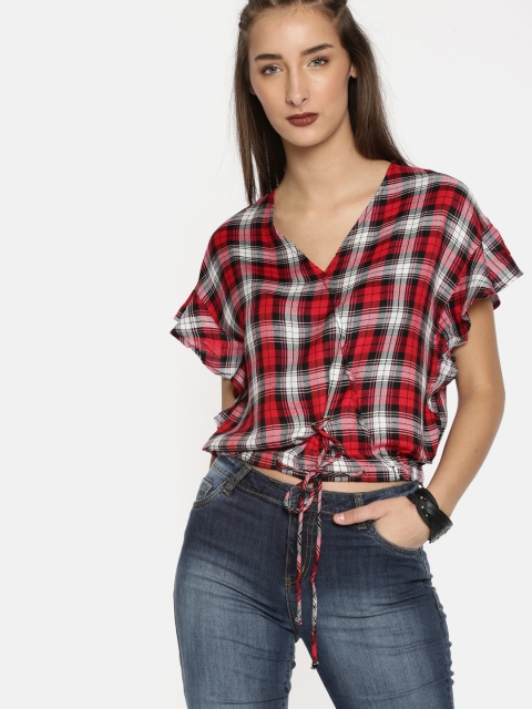 

Roadster Women Red & Black Checked Blouson Top