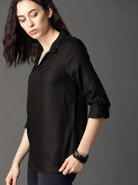 

Roadster Women Black Solid Top With Eyelet On Neck