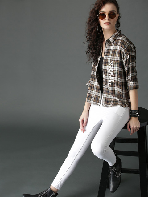 

Roadster Women Brown & Black Boxy Check Shirt with Print