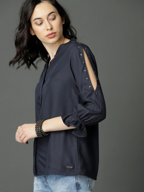 

Roadster Fast and Furious Women Navy Blue Solid Top with Sleeve Detail