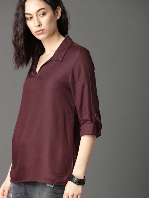 

Roadster Women Maroon Solid Top With Eyelet On Neck