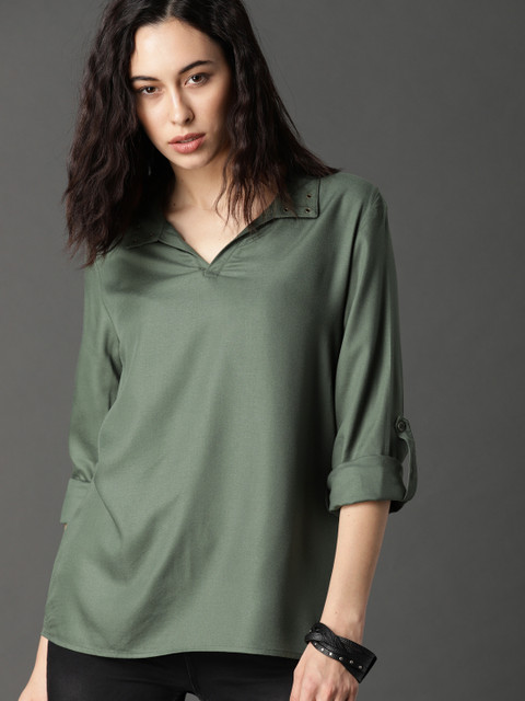

Roadster Women Green Solid Top With Eyelet On Neck