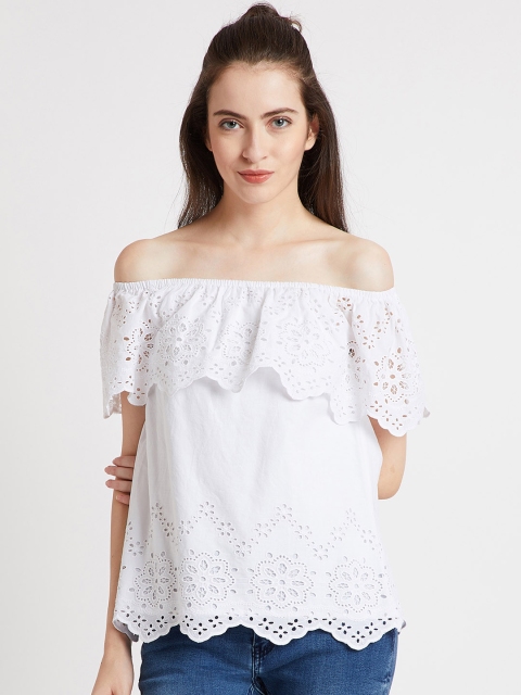 

COVER STORY Women White Self Design Bardot Top