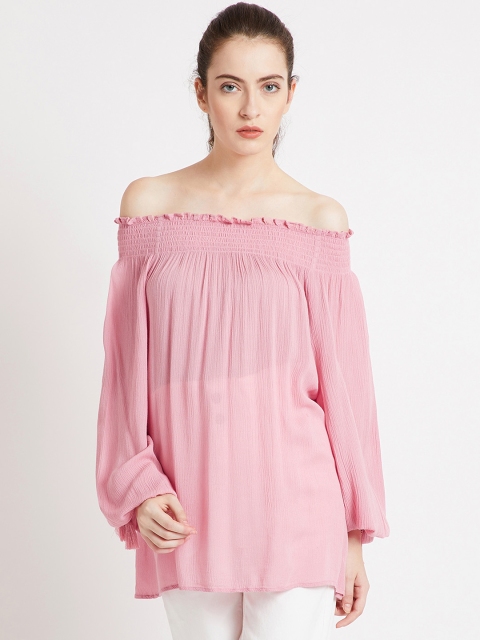 

COVER STORY Women Pink Solid Smocked Bardot Top
