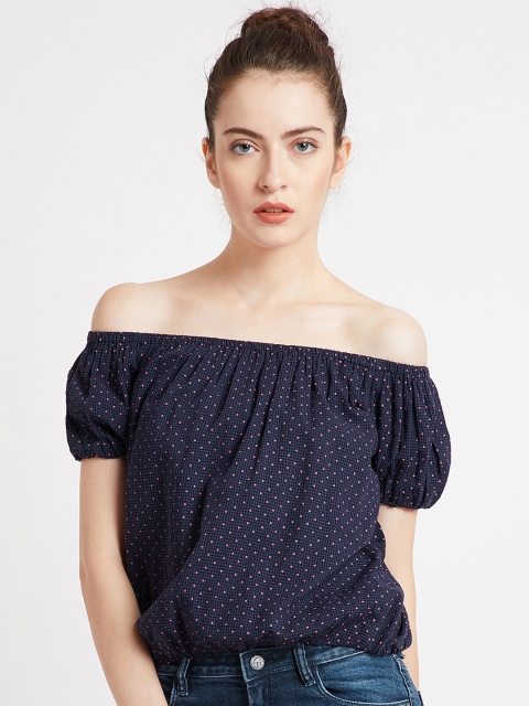 

COVER STORY Women Navy Blue Printed Bardot Top