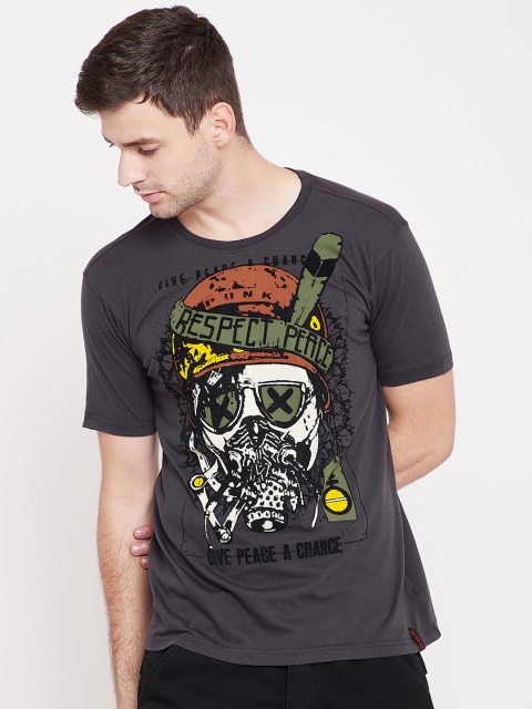 

PUNK Men Charcoal Grey Printed Round Neck T-shirt