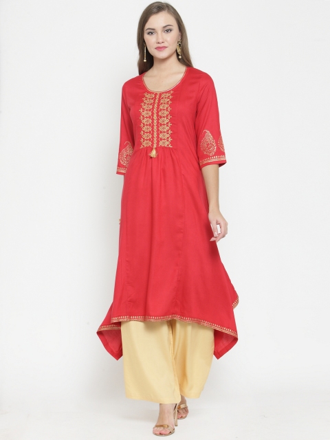 

Laabha Women Red & Cream-Coloured Embroidered Kurta with Palazzos