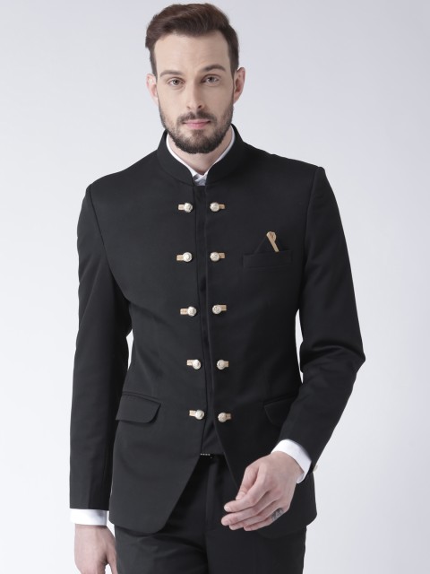 

Hangup Men Black Solid Double-Breasted Bandhgala Casual Blazer