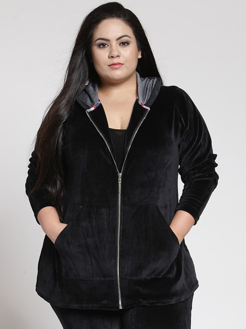 

plusS Women Black Solid Hooded Sweatshirt
