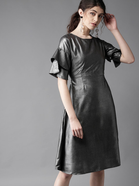 

Moda Rapido Women Charcoal Grey Shimmery Solid Fit and Flare Dress