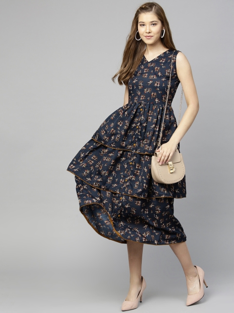 

aasi Women Navy Blue Printed Tiered A-Line Dress