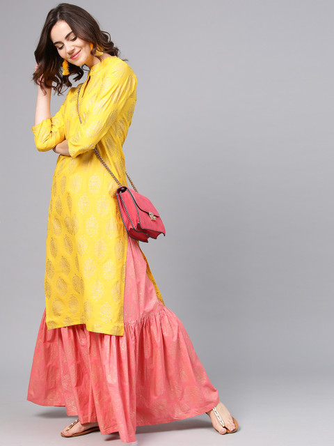 

aasi Women Yellow & Pink Printed Kurta with Sharara