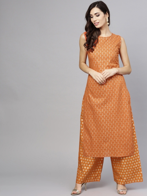 

aasi Women Orange & Golden Printed Kurta with Palazzos
