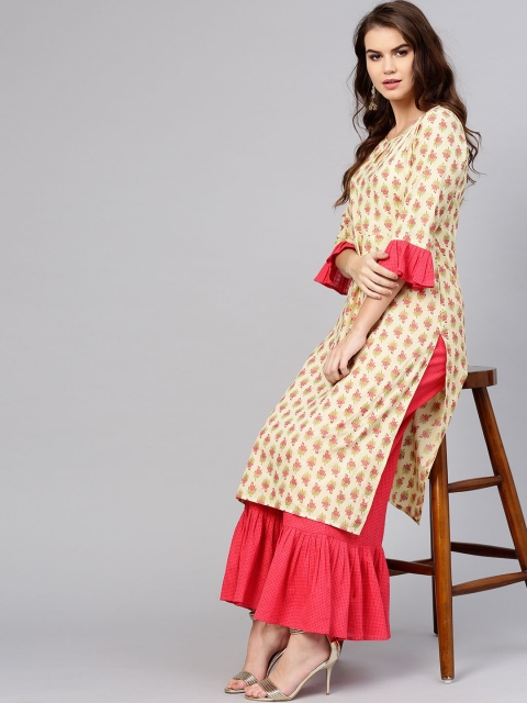 

aasi Women Cream-Coloured & Coral Pink Printed Kurta with Sharara